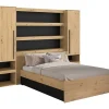 Vente-unique Lit pont 140 x 190/200 cm avec rangements - Avec LEDs - Coloris : Naturel et noir - VARLY