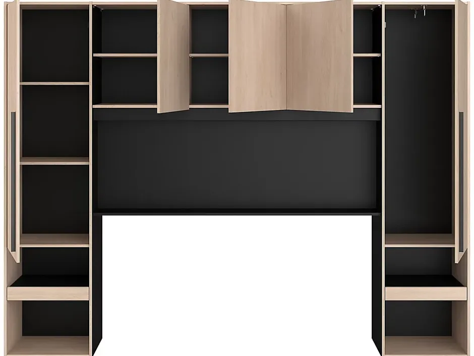 Vente-unique Lit pont 160 x 200 cm avec rangements - Avec LEDs - Coloris : Naturel et noir + Sommier + Matelas - VELONA Hot
