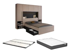 Vente-unique Lit pont 160 x 200 cm avec rangements - Avec LEDs - Coloris : Naturel et noir + Sommier + Matelas - VELONA Hot