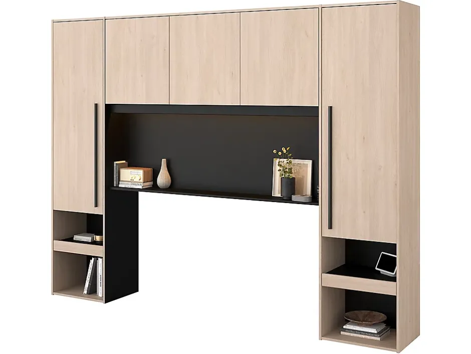 Vente-unique Lit pont 160 x 200 cm avec rangements - Avec LEDs - Coloris : Naturel et noir + Sommier + Matelas - VELONA Hot