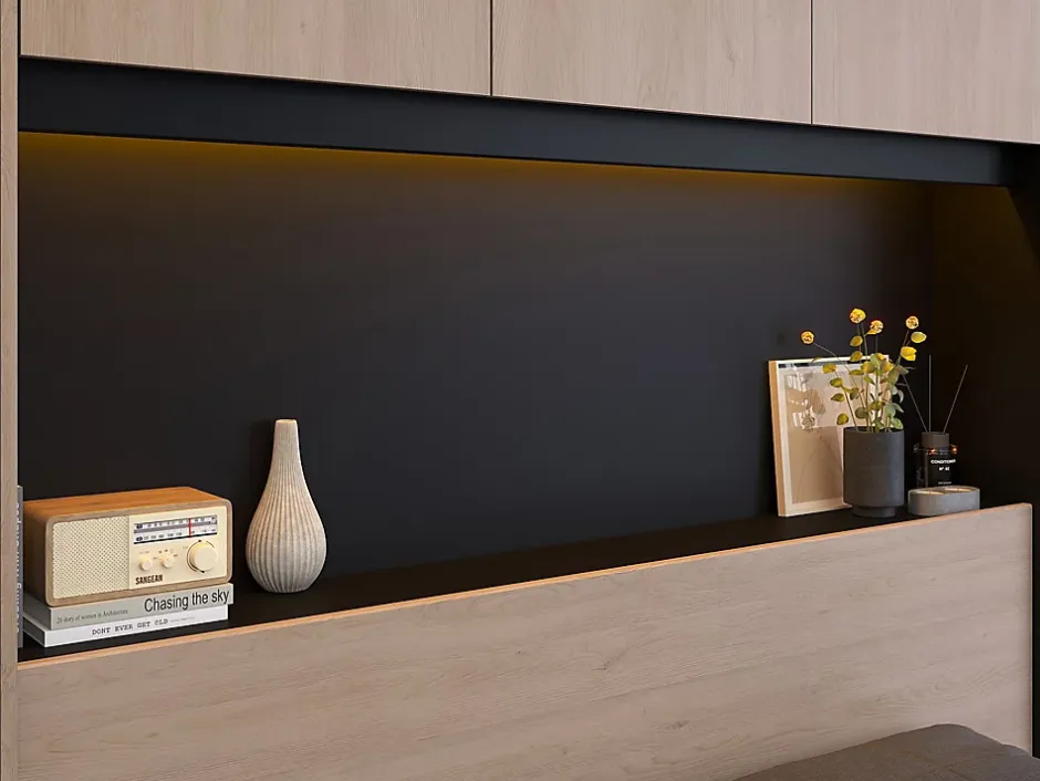 Vente-unique Lit pont 160 x 200 cm avec rangements - Avec LEDs - Coloris : Naturel et noir + Sommier + Matelas - VELONA Hot