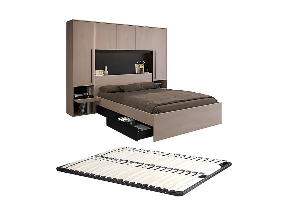 Vente-unique Lit pont 140 x 190 cm avec rangements - Avec LEDs - Coloris : Naturel et noir + Sommier - VELONA