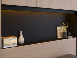 Vente-unique Lit pont 140 x 190 cm avec rangements - Avec LEDs - Coloris : Naturel et noir + Sommier - VELONA