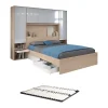 Vente-unique Lit pont 160 x 200 cm avec rangements - avec LEDs - Coloris : Naturel et blanc brillant + Sommier - VELONA Discount