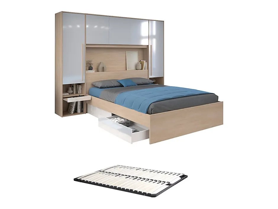 Vente-unique Lit pont 160 x 200 cm avec rangements - avec LEDs - Coloris : Naturel et blanc brillant + Sommier - VELONA Discount