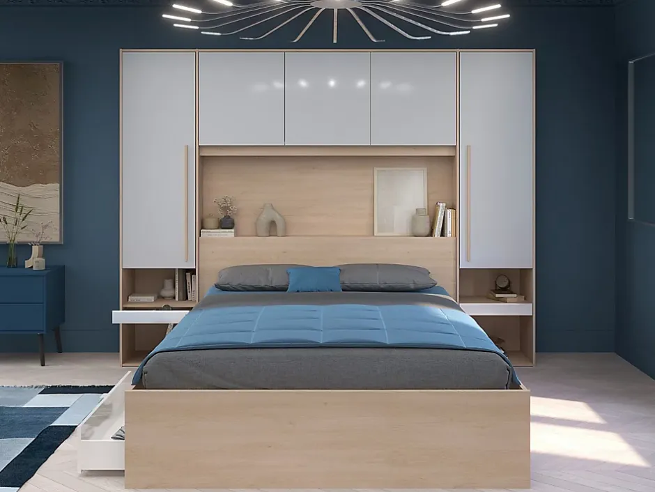 Vente-unique Lit pont 160 x 200 cm avec rangements - avec LEDs - Coloris : Naturel et blanc brillant + Sommier - VELONA Discount