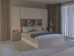 Vente-unique Lit pont 160 x 200 cm avec rangements - Avec LEDs - Coloris : Beige et naturel + Sommier + Matelas - DOMELITO