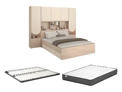 Vente-unique Lit pont 160 x 200 cm avec rangements - Avec LEDs - Coloris : Beige et naturel + Sommier + Matelas - DOMELITO