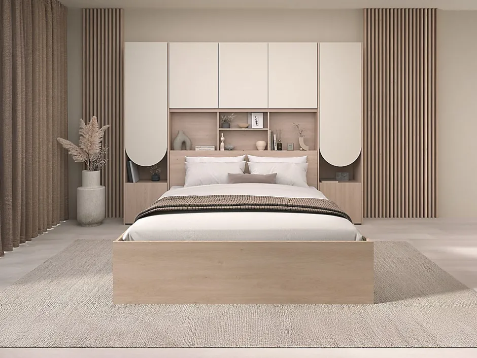 Vente-unique Lit pont 160 x 200 cm avec rangements - Avec LEDs - Coloris : Beige et naturel - DOMELITO Hot