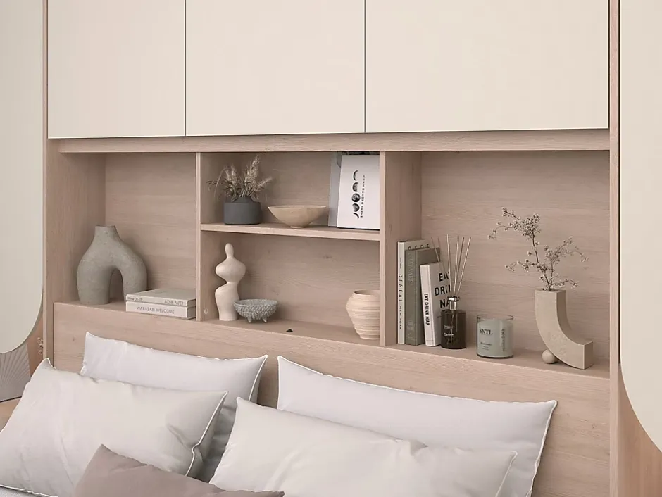 Vente-unique Lit pont 160 x 200 cm avec rangements - Avec LEDs - Coloris : Beige et naturel - DOMELITO Hot