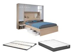 Vente-unique Lit pont 160 x 200 cm avec rangements - avec LEDs - Coloris : Naturel et blanc brillant + Sommier + Matelas - VELONA Outlet