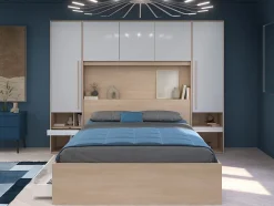 Vente-unique Lit pont 160 x 200 cm avec rangements - avec LEDs - Coloris : Naturel et blanc brillant + Sommier + Matelas - VELONA Outlet