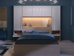 Vente-unique Lit pont 160 x 200 cm avec rangements - avec LEDs - Coloris : Naturel et blanc brillant + Sommier + Matelas - VELONA Outlet