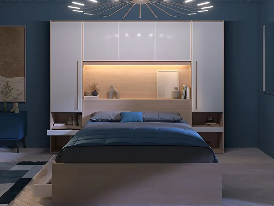 Vente-unique Lit pont 160 x 200 cm avec rangements - avec LEDs - Coloris : Naturel et blanc brillant + Sommier + Matelas - VELONA Outlet