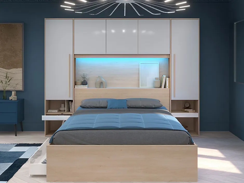 Vente-unique Lit pont 160 x 200 cm avec rangements - avec LEDs - Coloris : Naturel et blanc brillant + Sommier + Matelas - VELONA Outlet
