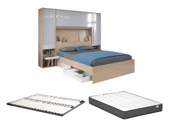 Vente-unique Lit pont 140 x 190 cm avec rangements - avec LEDs - Coloris : Naturel et blanc brillant + Sommier + Matelas - VELONA