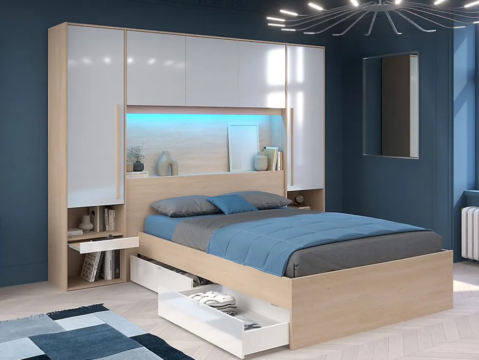 Vente-unique Lit pont 140 x 190 cm avec rangements - avec LEDs - Coloris : Naturel et blanc brillant + Sommier + Matelas - VELONA