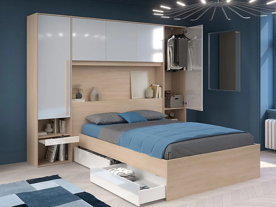 Vente-unique Lit pont 140 x 190 cm avec rangements - avec LEDs - Coloris : Naturel et blanc brillant + Sommier + Matelas - VELONA