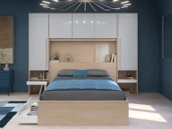 Vente-unique Lit pont 140 x 190 cm avec rangements - avec LEDs - Coloris : Naturel et blanc brillant + Sommier + Matelas - VELONA