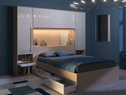 Vente-unique Lit pont 140 x 190 cm avec rangements - avec LEDs - Coloris : Naturel et blanc brillant + Sommier - VELONA
