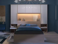 Vente-unique Lit pont 140 x 190 cm avec rangements - avec LEDs - Coloris : Naturel et blanc brillant + Sommier - VELONA
