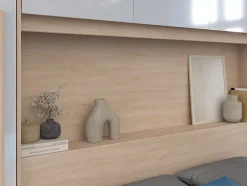 Vente-unique Lit pont 140 x 190 cm avec rangements - avec LEDs - Coloris : Naturel et blanc brillant + Sommier - VELONA