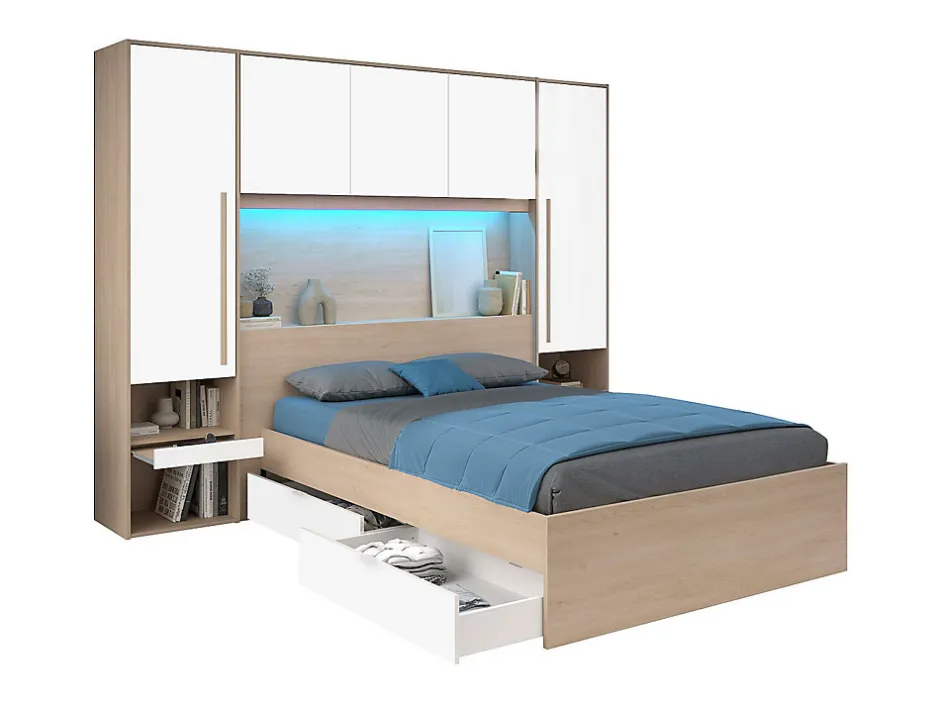 Vente-unique Lit pont 140 x 190 cm avec rangements - avec LEDs - Coloris : Naturel et blanc brillant + Sommier - VELONA
