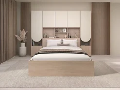 Vente-unique Lit pont 140 x 190 cm avec rangements - Avec LEDs - Coloris : Beige et naturel - DOMELITO Hot