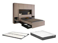 Vente-unique Lit pont 140 x 190 cm avec rangements - Avec LEDs - Coloris : Naturel et noir + Sommier + Matelas - VELONA