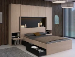 Vente-unique Lit pont 140 x 190 cm avec rangements - Avec LEDs - Coloris : Naturel et noir + Sommier + Matelas - VELONA