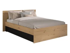 Vente-unique Lit pont 140 x 190/200 cm avec rangements - Avec LEDs - Coloris : Naturel et noir + Sommier + Matelas - VARLY Hot