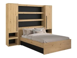 Vente-unique Lit pont 160 x 200 cm avec rangements - Avec LEDs - Coloris : Naturel et noir - VARLY