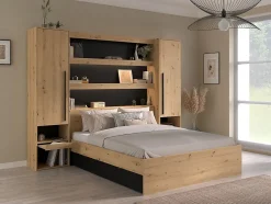 Vente-unique Lit pont 160 x 200 cm avec rangements - Avec LEDs - Coloris : Naturel et noir - VARLY