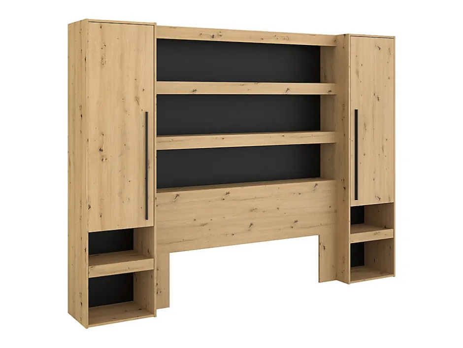 Vente-unique Lit pont 160 x 200 cm avec rangements - Avec LEDs - Coloris : Naturel et noir - VARLY