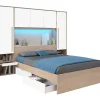 Vente-unique Lit pont 160 x 200 cm avec rangements - avec LEDs - Coloris : Naturel et blanc brillant - VELONA Online