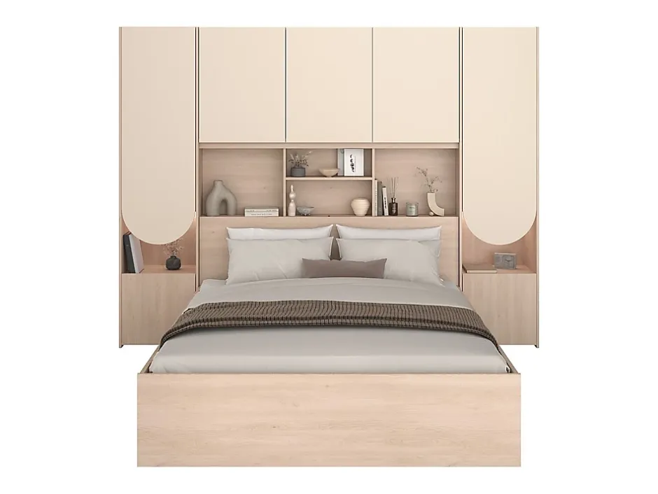 Vente-unique Lit pont 140 x 190 cm avec rangements - Avec LEDs - Coloris : Beige et naturel + Sommier - DOMELITO Outlet