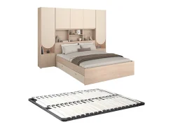 Vente-unique Lit pont 140 x 190 cm avec rangements - Avec LEDs - Coloris : Beige et naturel + Sommier - DOMELITO Outlet