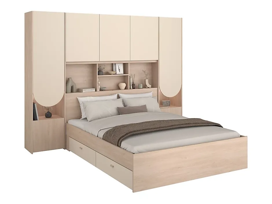 Vente-unique Lit pont 140 x 190 cm avec rangements - Avec LEDs - Coloris : Beige et naturel + Sommier - DOMELITO Outlet
