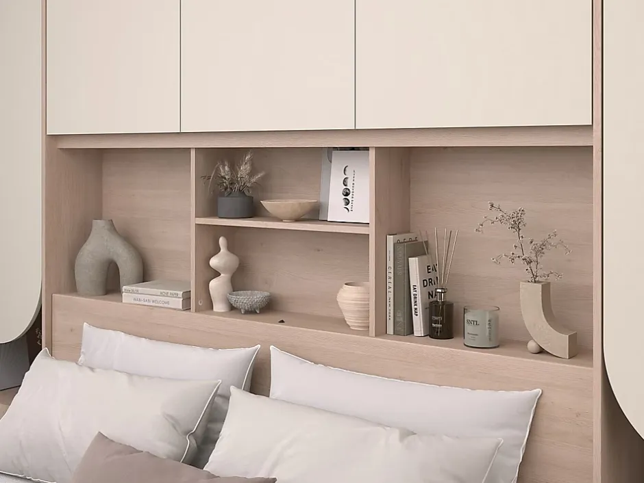 Vente-unique Lit pont 140 x 190 cm avec rangements - Avec LEDs - Coloris : Beige et naturel + Sommier - DOMELITO Outlet