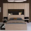 Vente-unique Lit pont 140 x 190 cm avec rangements - Avec LEDs - Coloris : Naturel et noir - VELONA New