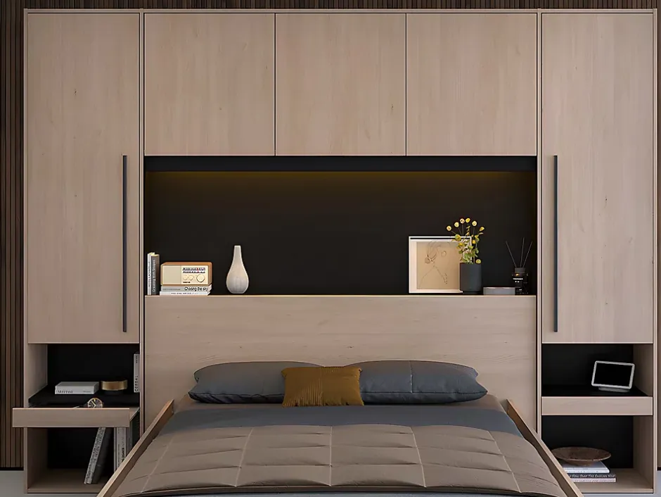 Vente-unique Lit pont 140 x 190 cm avec rangements - Avec LEDs - Coloris : Naturel et noir - VELONA New