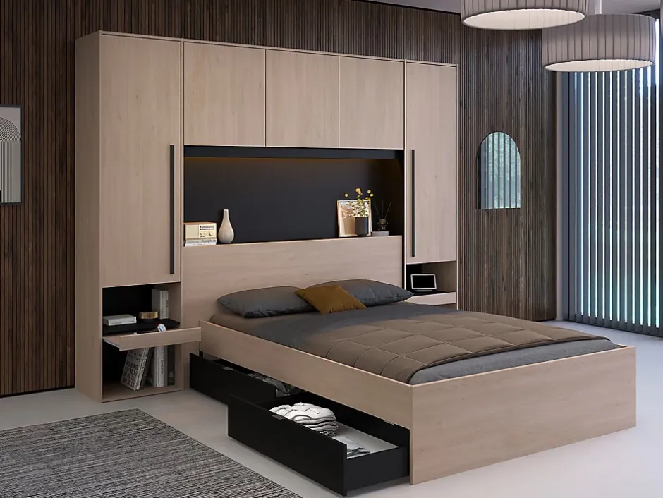 Vente-unique Lit pont 140 x 190 cm avec rangements - Avec LEDs - Coloris : Naturel et noir - VELONA New