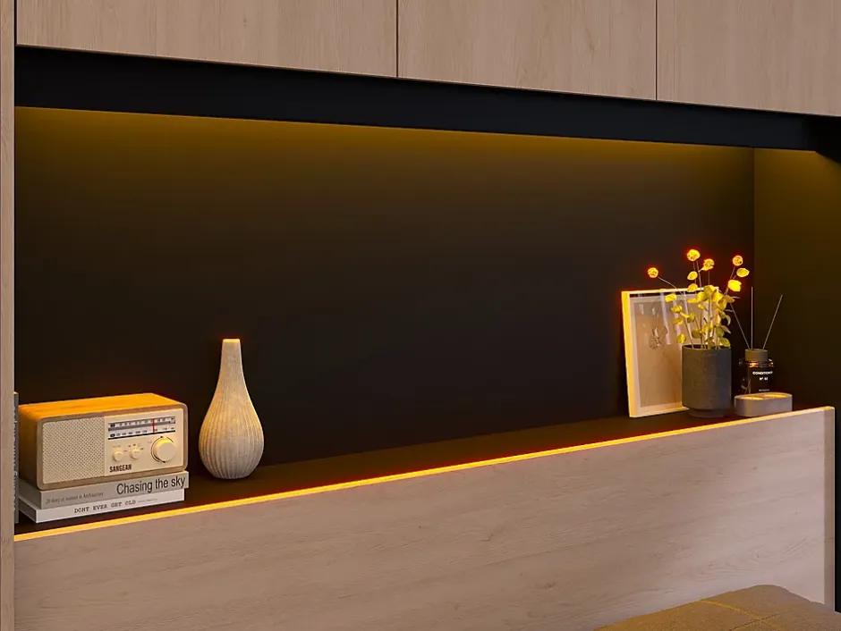 Vente-unique Lit pont 140 x 190 cm avec rangements - Avec LEDs - Coloris : Naturel et noir - VELONA New