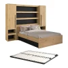 Vente-unique Lit pont 140 x 190/200 cm avec rangements - Avec LEDs - Coloris : Naturel et noir + Sommier - VARLY
