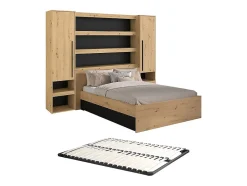 Vente-unique Lit pont 140 x 190/200 cm avec rangements - Avec LEDs - Coloris : Naturel et noir + Sommier - VARLY