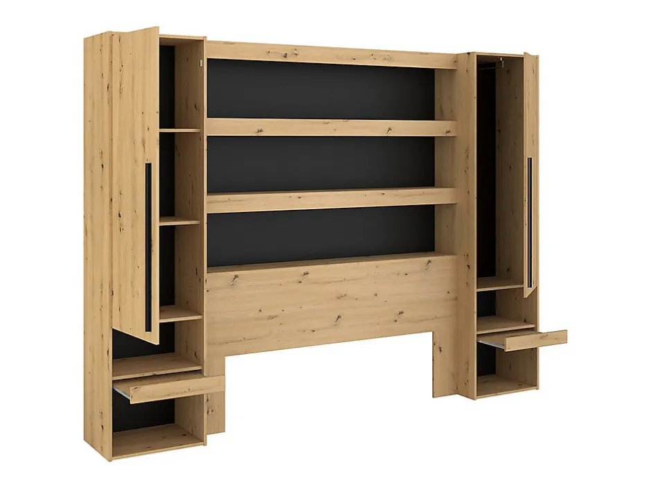 Vente-unique Lit pont 140 x 190/200 cm avec rangements - Avec LEDs - Coloris : Naturel et noir + Sommier - VARLY