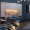 Vente-unique Lit pont 140 x 190 cm avec rangements - Avec LEDs - Coloris : Naturel et blanc brillant - VELONA Clearance