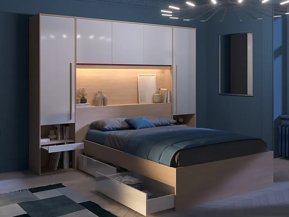 Vente-unique Lit pont 140 x 190 cm avec rangements - Avec LEDs - Coloris : Naturel et blanc brillant - VELONA Clearance