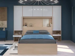 Vente-unique Lit pont 140 x 190 cm avec rangements - Avec LEDs - Coloris : Naturel et blanc brillant - VELONA Clearance
