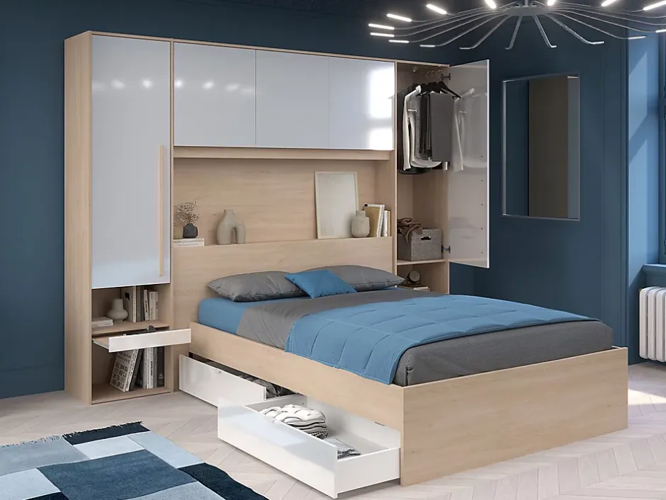 Vente-unique Lit pont 140 x 190 cm avec rangements - Avec LEDs - Coloris : Naturel et blanc brillant - VELONA Clearance